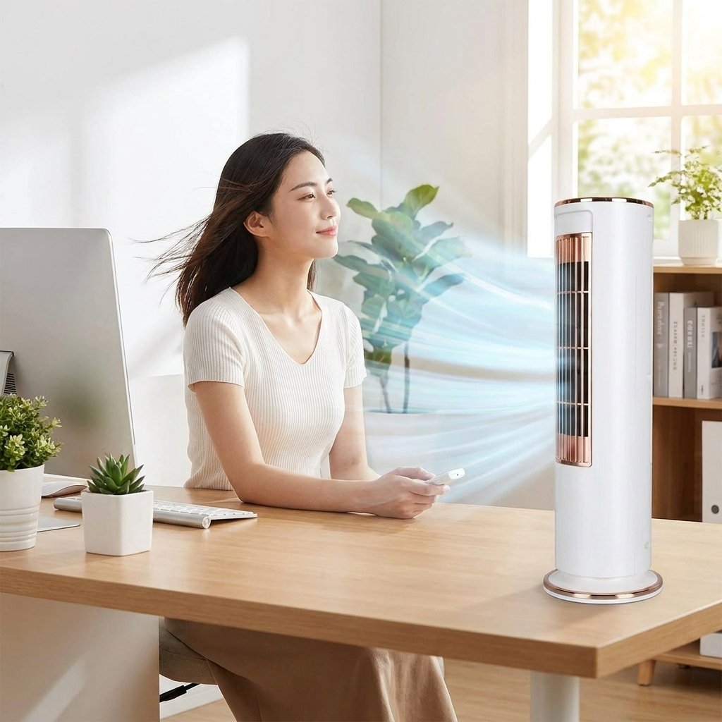 Bladeless desktop air conditioner fan with remote control on an office desk