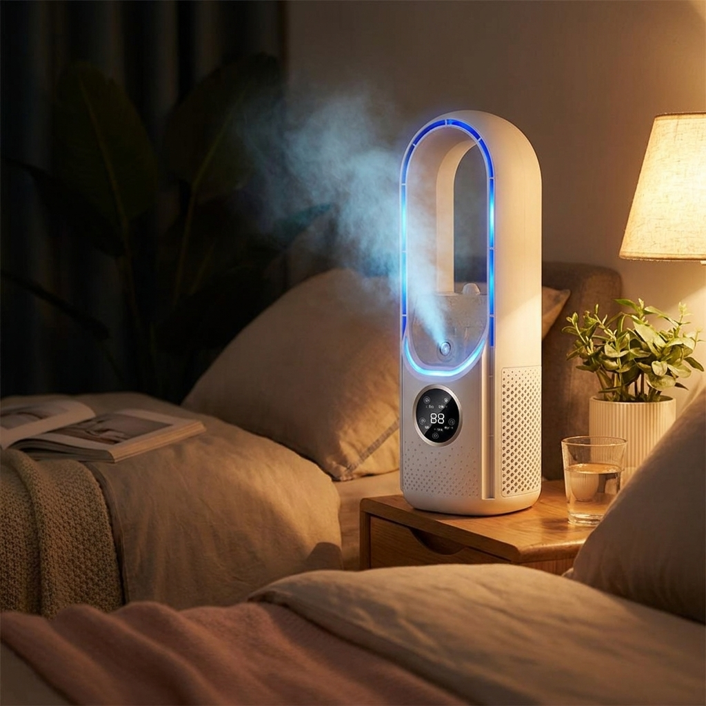 Bladeless portable air conditioner with LED display on a nightstand in a cozy bedroom