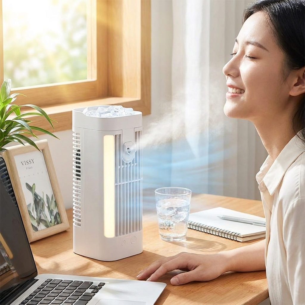 Portable mini desk fan air conditioner with cooling mist spray on home office desk