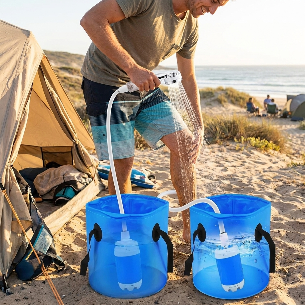 Person using portable USB rechargeable water pump shower head at outdoor campsite
