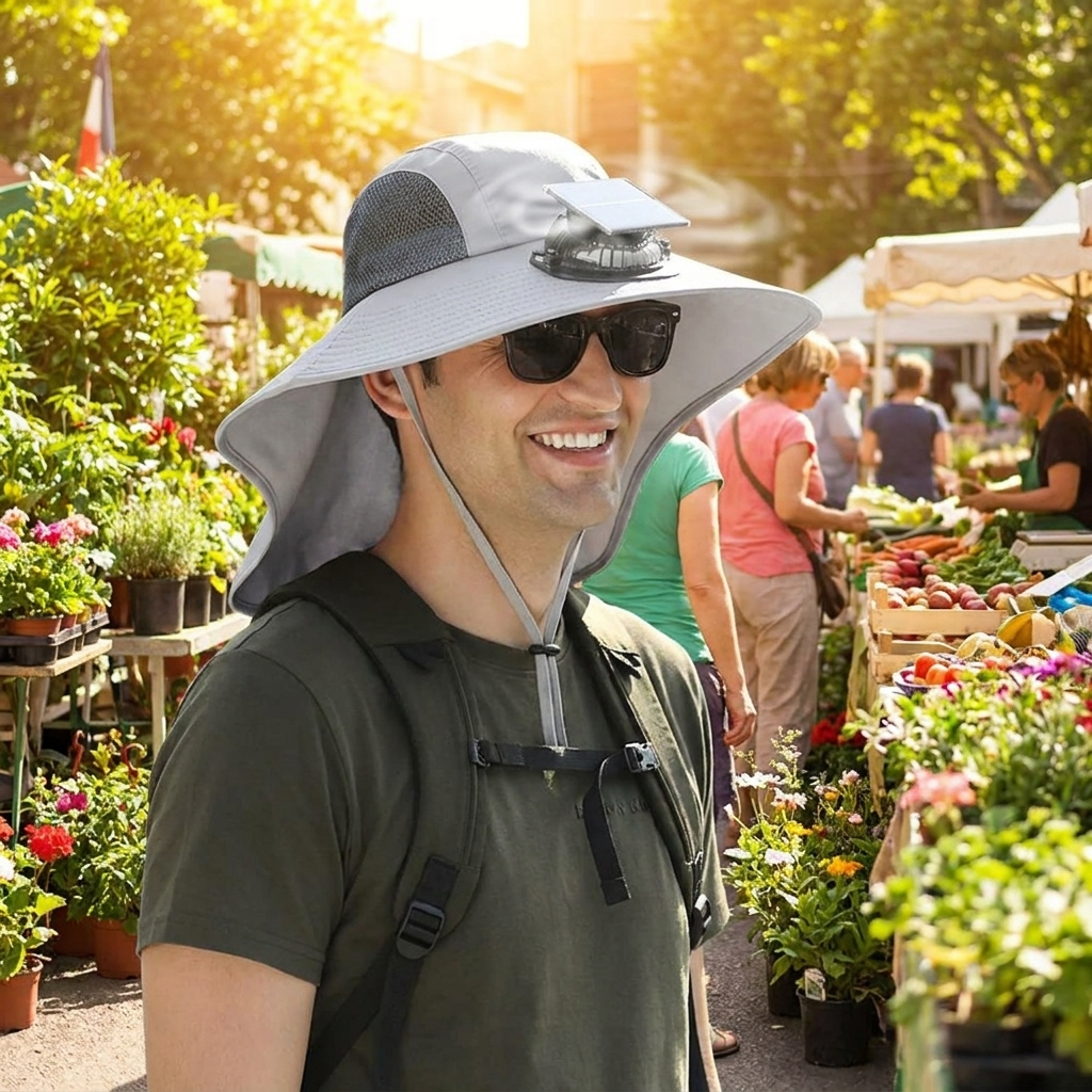 Person wearing wide brim solar fan hat at outdoor garden market in summer sun