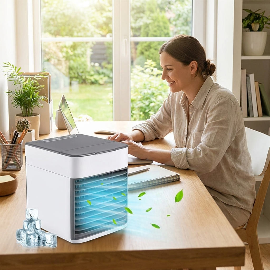Quiet portable air conditioner cooling bright home office on hot summer day