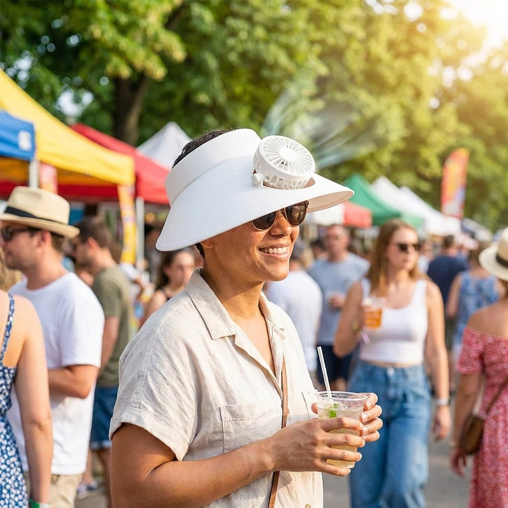 Adult wearing sun visor hat with cooling fan at outdoor summer event