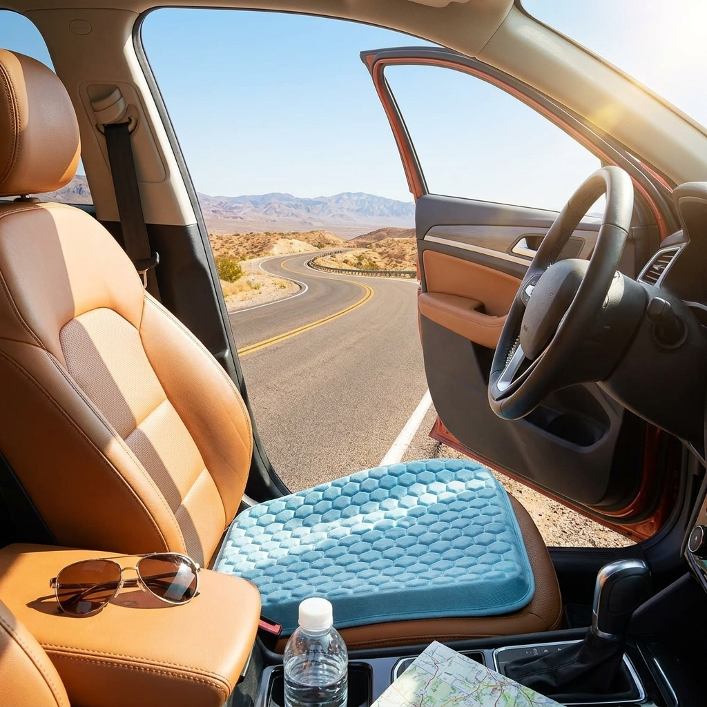 Blue cooling gel seat cushion placed on a car driver seat for long drive comfort