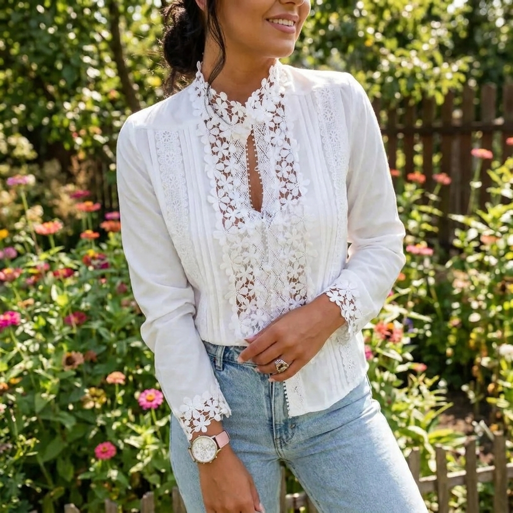 Woman wearing an elegant lightweight floral blouse outdoors in summer sunshine