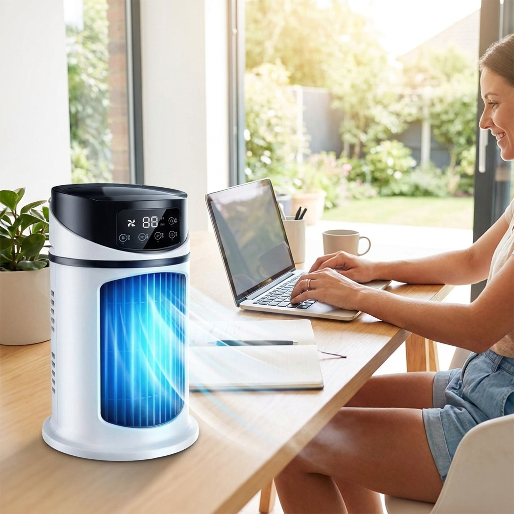 Portable air conditioner on a home office desk keeping person cool in summer
