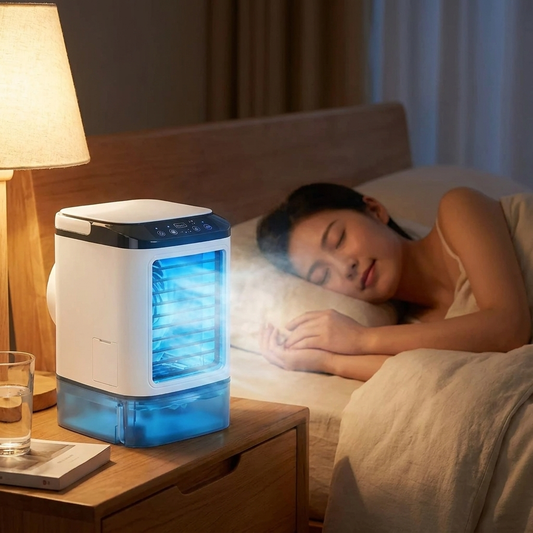 3-speed portable air conditioner on bedside table keeping bedroom cool