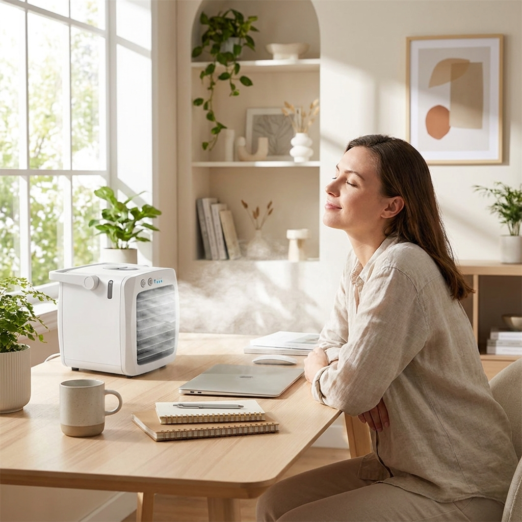 4-in-1 portable air conditioner with humidifier and purifier on a home office desk