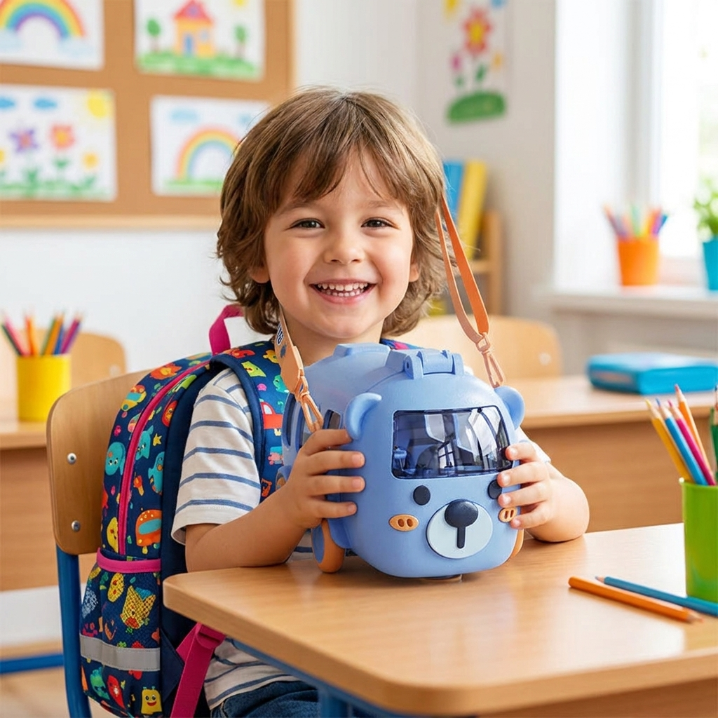 Kids cartoon toy bus water bottle with straw in fun blue design