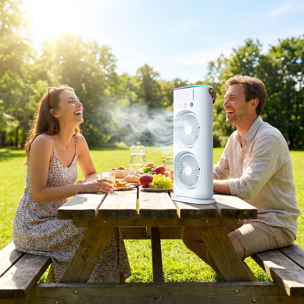 Double head portable air conditioner fan on a picnic table cooling two people outdoors