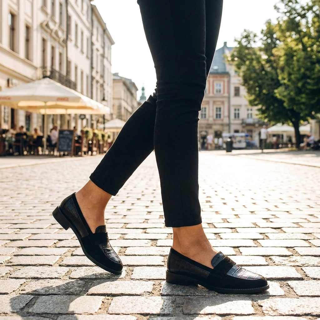 Stylish woman wearing elegant low-heel shoes walking on a sunny summer street
