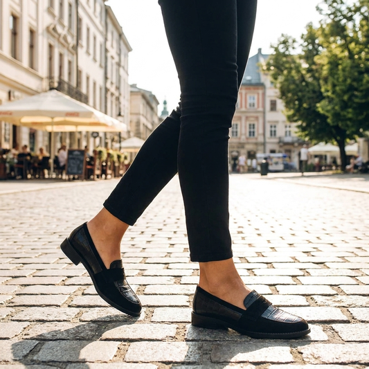 Stylish woman wearing elegant low-heel shoes walking on a sunny summer street