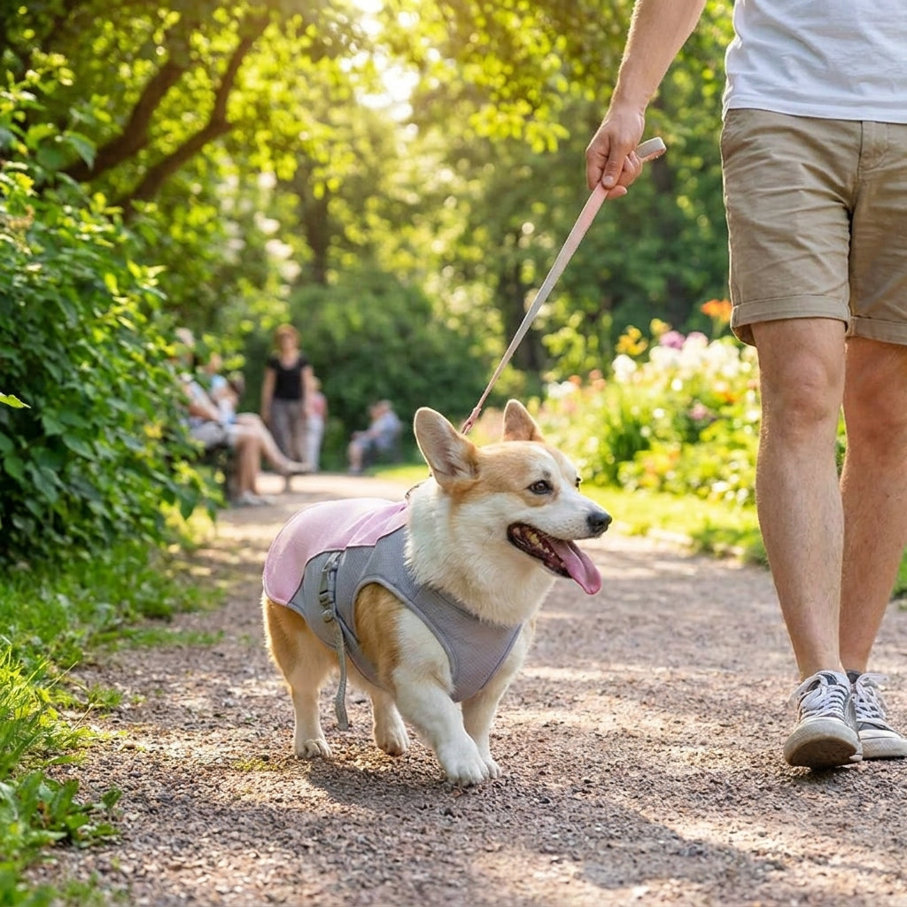 Dog wearing pink cooling vest on sunny park walk