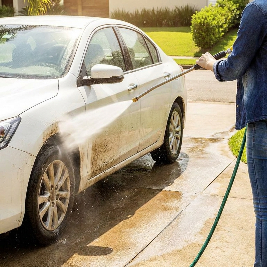 Person using high-pressure spray nozzle to wash car in sunny driveway