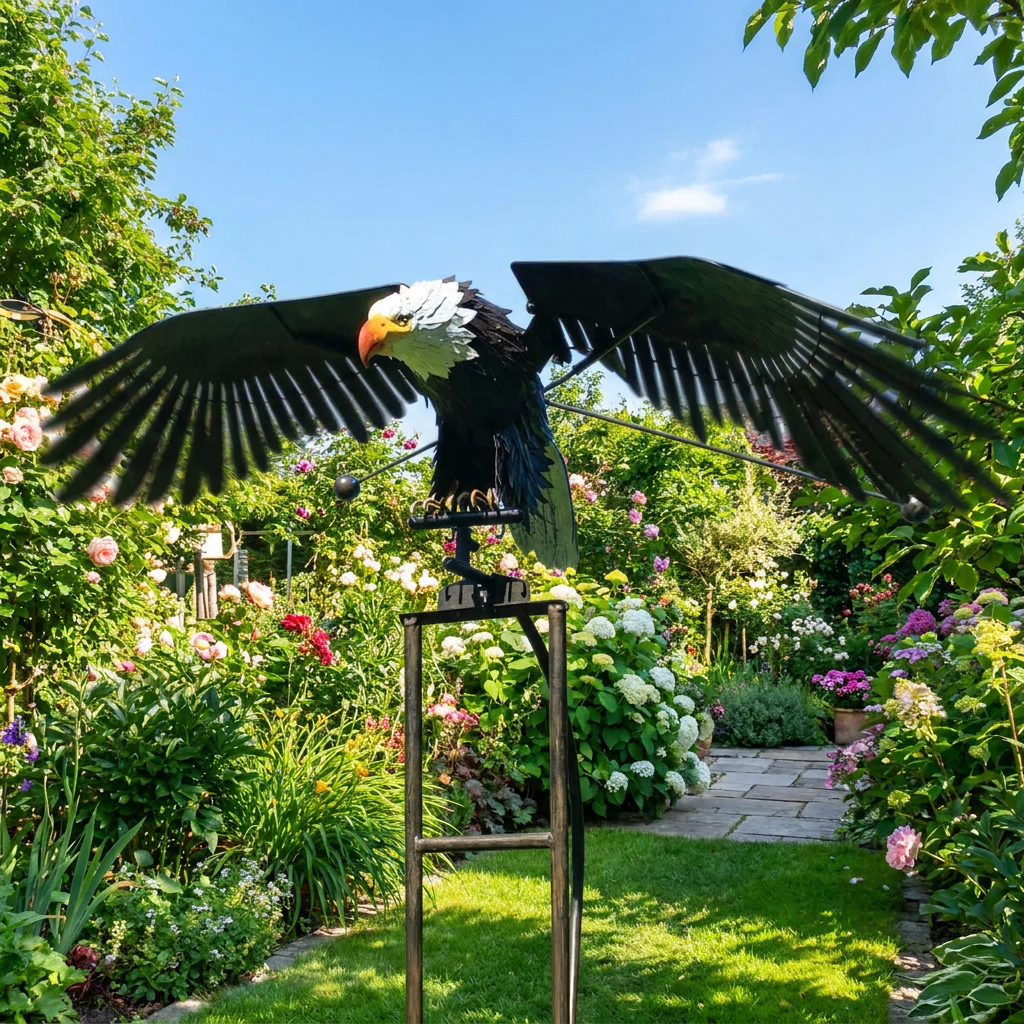 Metal garden bird windmill spinning in lush backyard garden