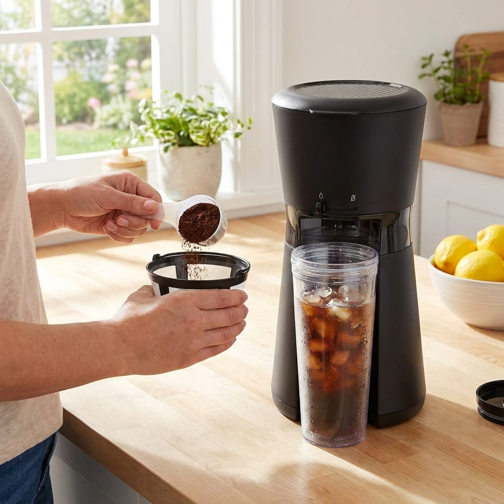 Person making refreshing iced coffee at home with cold brew machine