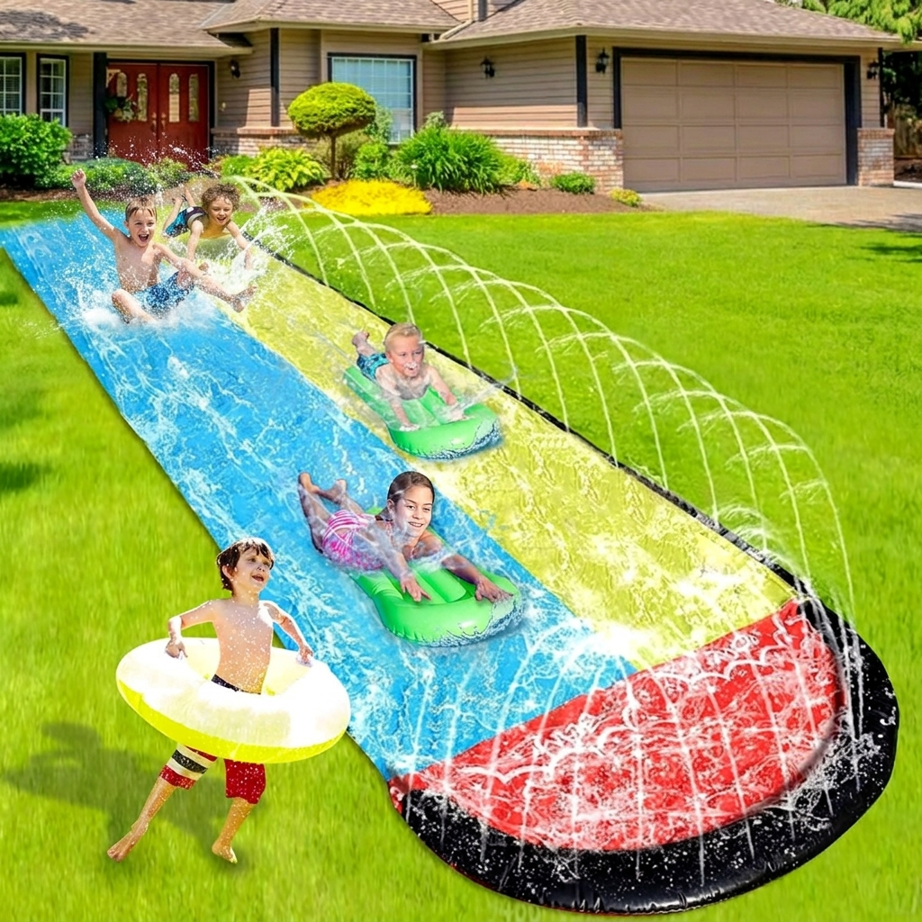 Children playing on inflatable backyard slip and slide in summer