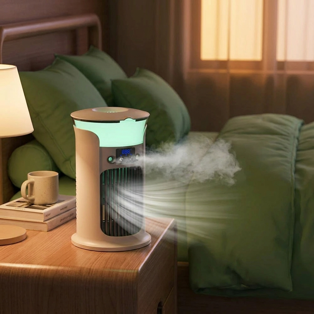 Mini portable aircon humidifier with LED light glowing on bedside table