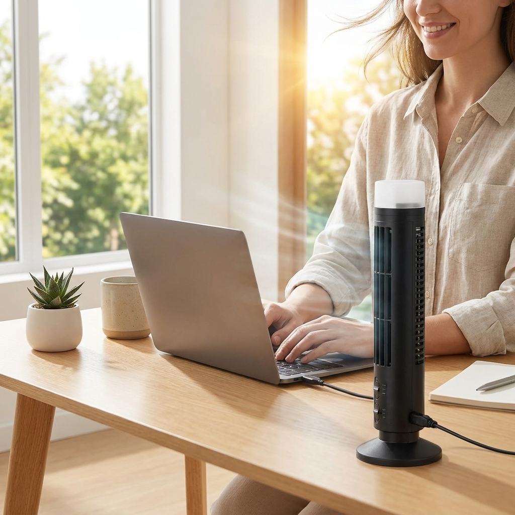 Compact bladeless USB desktop air conditioner fan cooling modern home office workspace