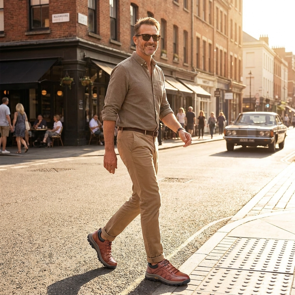 Man wearing comfortable casual arch support shoes walking on sunny city street