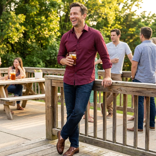 Man wearing stylish comfortable stretch shirt at casual outdoor gathering