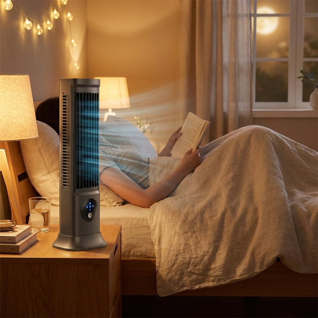 Small rechargeable air conditioning desk fan cooling bedroom on hot summer night