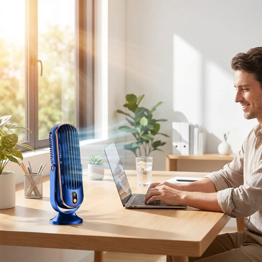 Blue mini portable desktop air conditioner cooling bright home office workspace