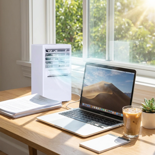Mini USB portable air conditioner fan on desk next to laptop for home office cooling