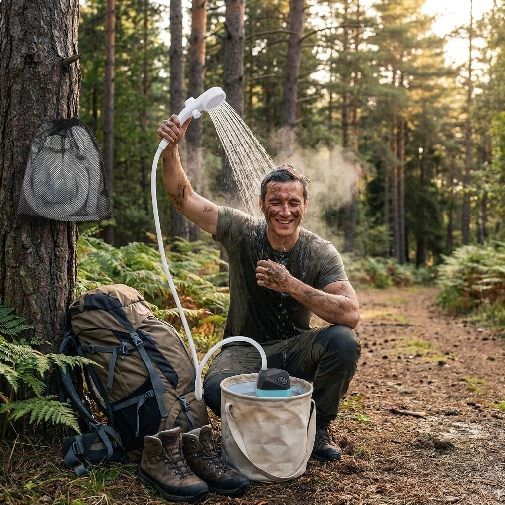 Electric portable camping shower set up outdoors after a hike