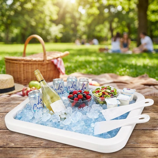 Non-electric cold tray with ice keeping food and drinks chilled at summer picnic