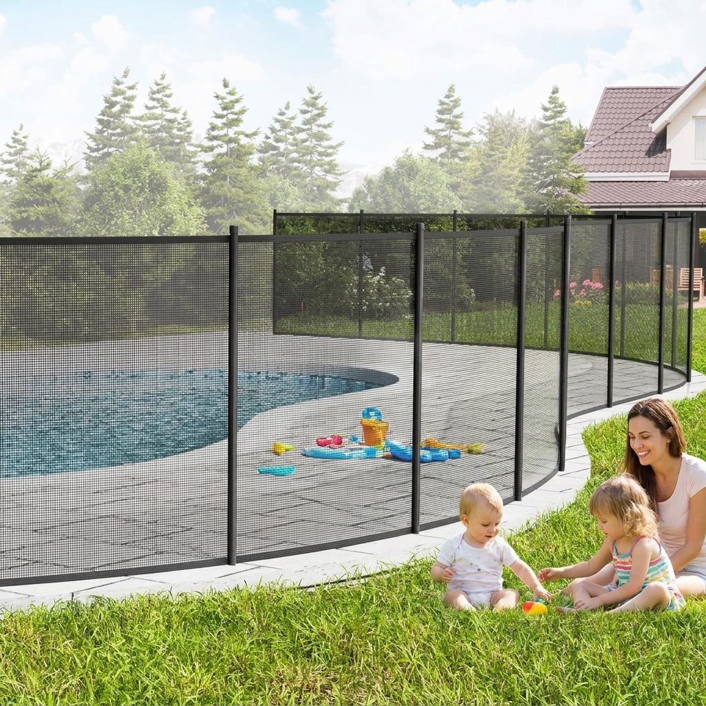 Removable safety fence installed around backyard swimming pool protecting children