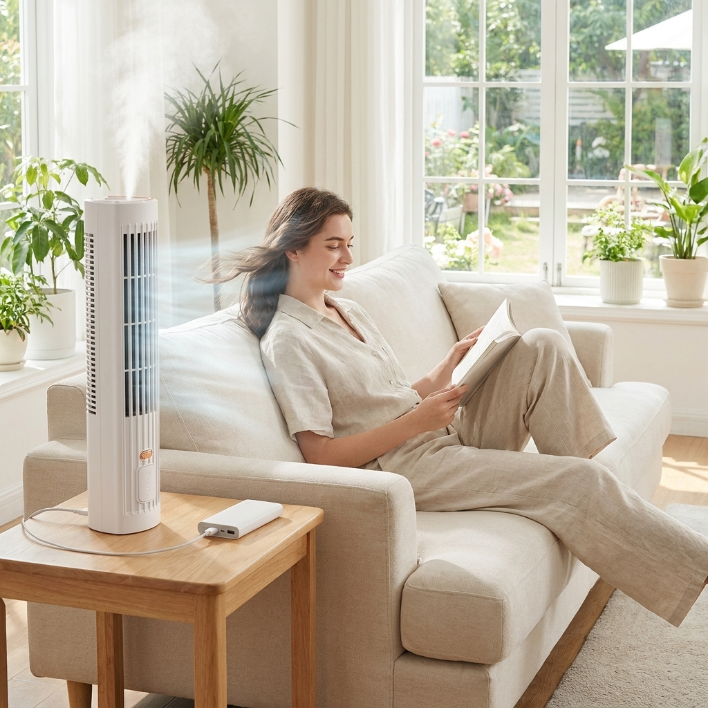 Tall USB rechargeable portable tower fan cooling bright living room in summer