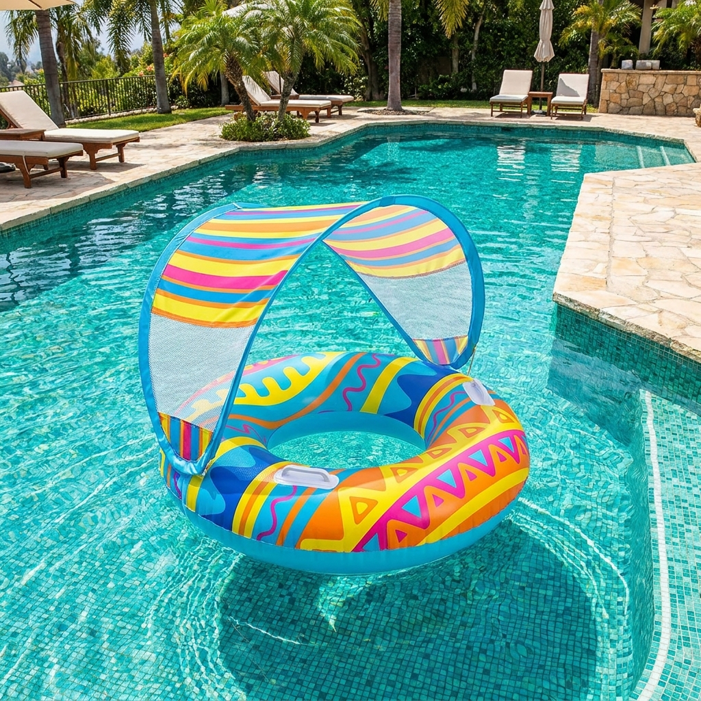 Colorful inflatable swim float ring with sun shade canopy floating in bright blue pool