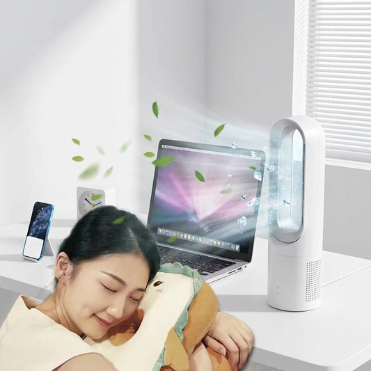 USB bladeless desktop fan and air cooler on a modern home office desk