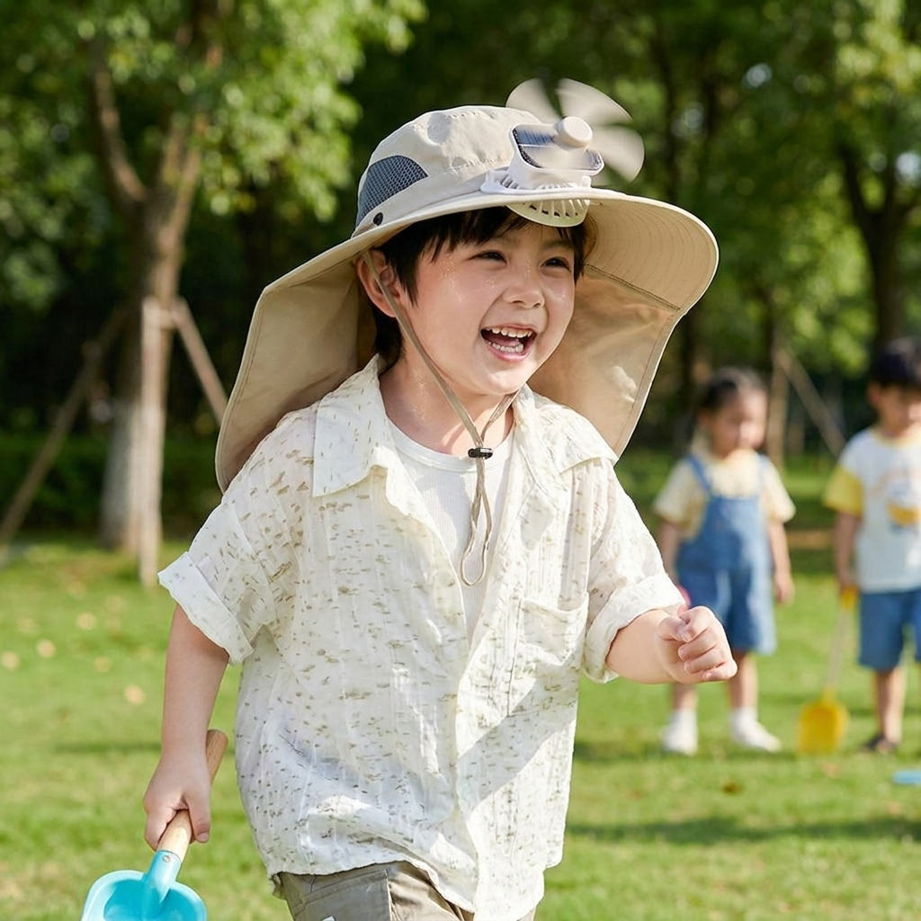 Child wearing colorful solar fan sun hat playing outdoors on a sunny day