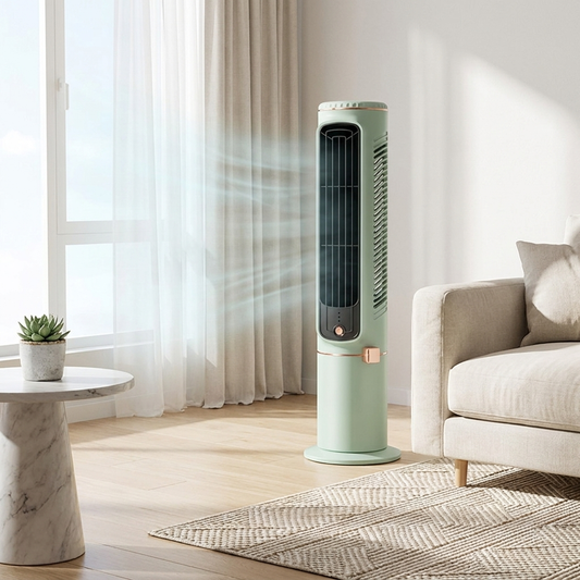 Bladeless tower fan running in a modern bright living room