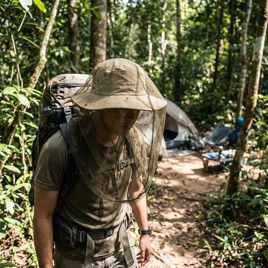 Hiker wearing wide brim sun hat with mosquito net on forest trail