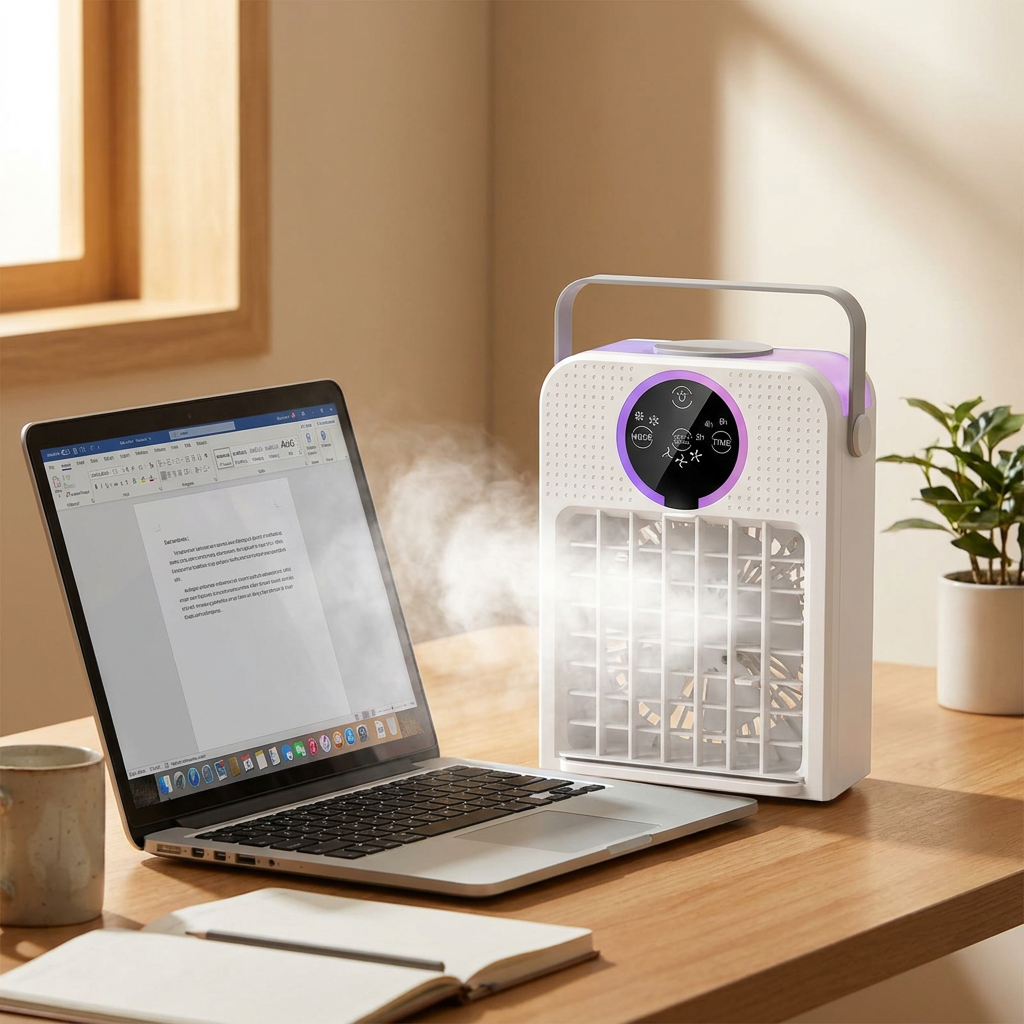 Compact misting desktop fan with touchscreen controls on a home office desk