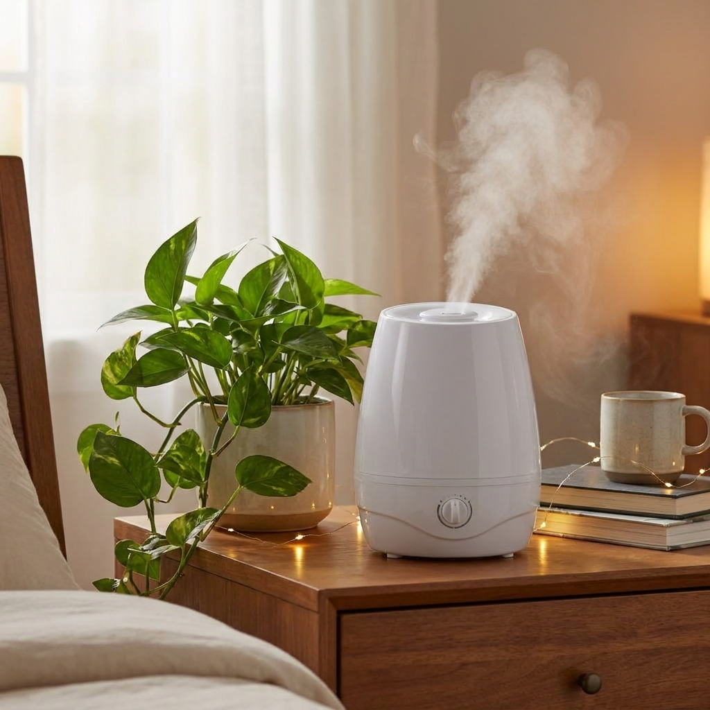 White ultrasonic cool mist humidifier on bedroom nightstand with soft mist rising