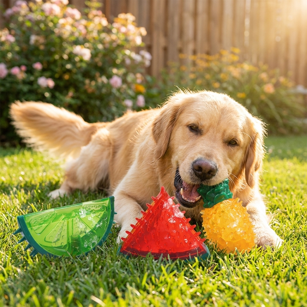 Dog happily chewing on a colorful freezable rubber chew toy outdoors on a sunny day