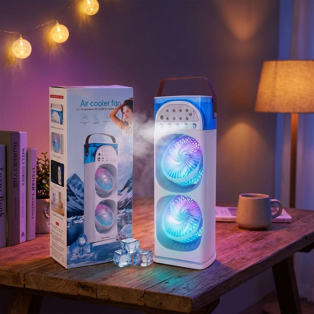 Mini portable air conditioner with LED light glowing on desk in cozy room