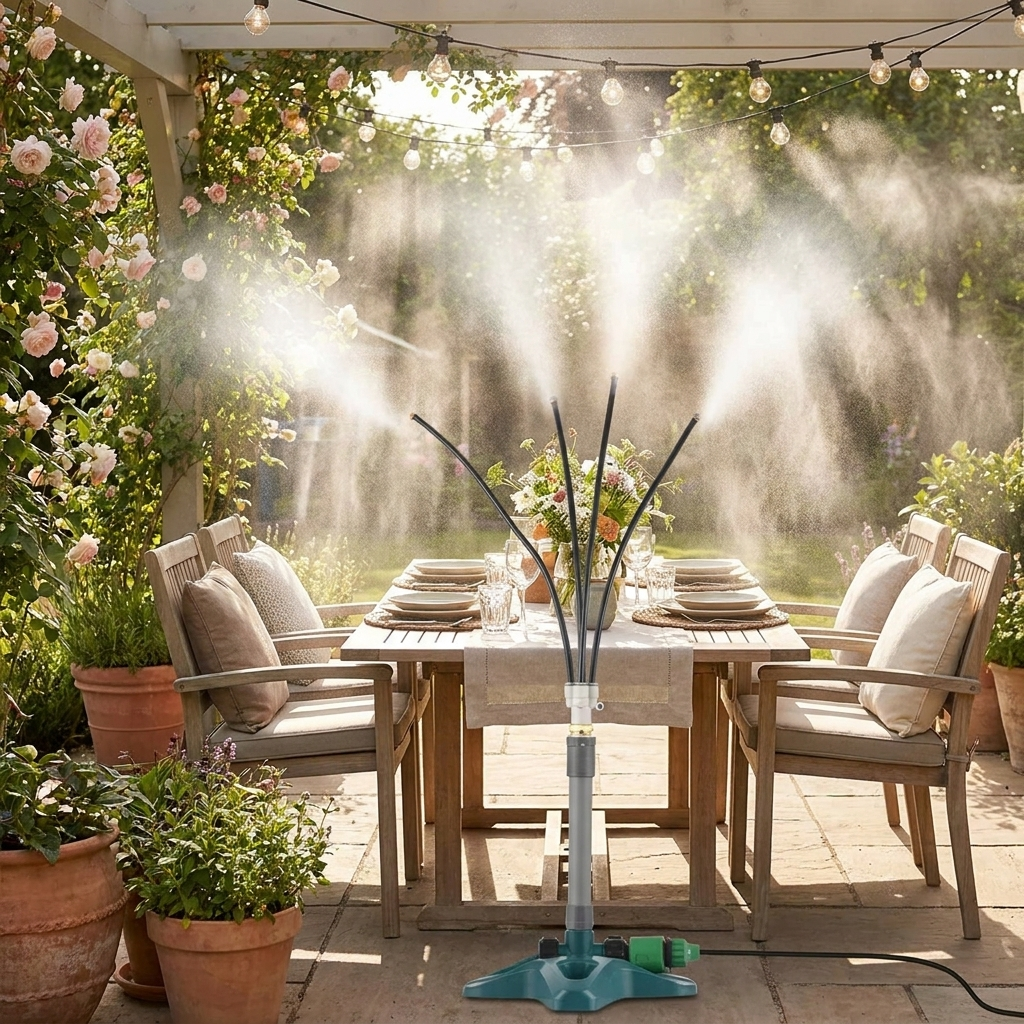 Outdoor patio misting system spraying fine water mist in a sunny backyard garden