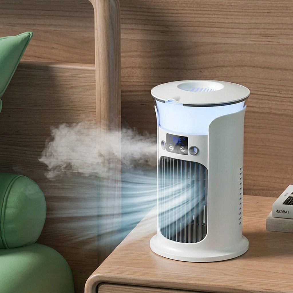 Mini portable air conditioner on bedside table in a modern bedroom with cool mist effect